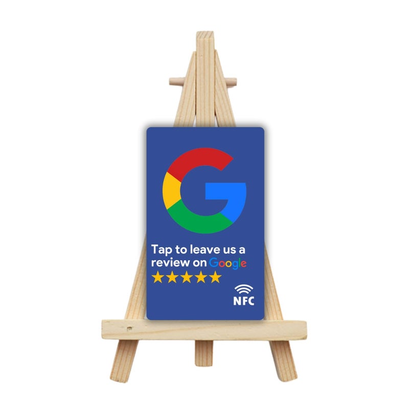 Tinydabba مراجعة بطاقة NFC زرقاء مع حامل | مع رمز QR | تعزيز مراجعات الأعمال من خلال النقر أو المسح | بطاقة PVC مُعدة مسبقًا | تعمل مع أي هاتف ذكي يدعم NFC | مع لوحة التحكم - Image 1