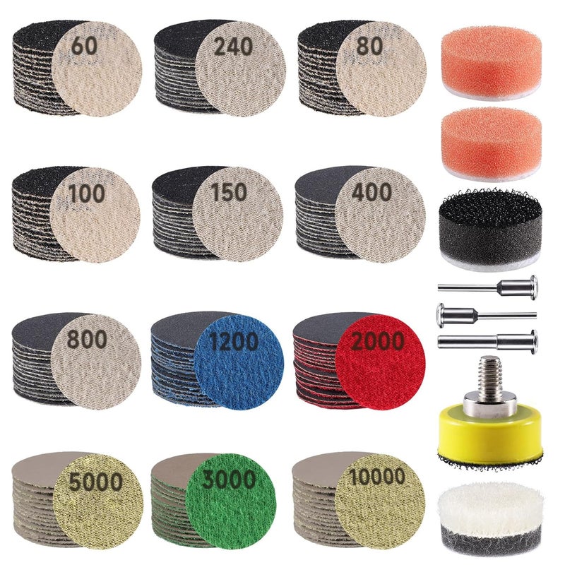 GOH DODD 188 PCS 1 Inch Sanding Discs, Hook and Loop 60 to 10000 Grit Wet Dry Sandpaper Micro Sand Paper with 1/8" 1/4" Shank, Backing Pad, Polishing Pads, Foam Pads for Auto Metal Glass Resin Wood - Image 1