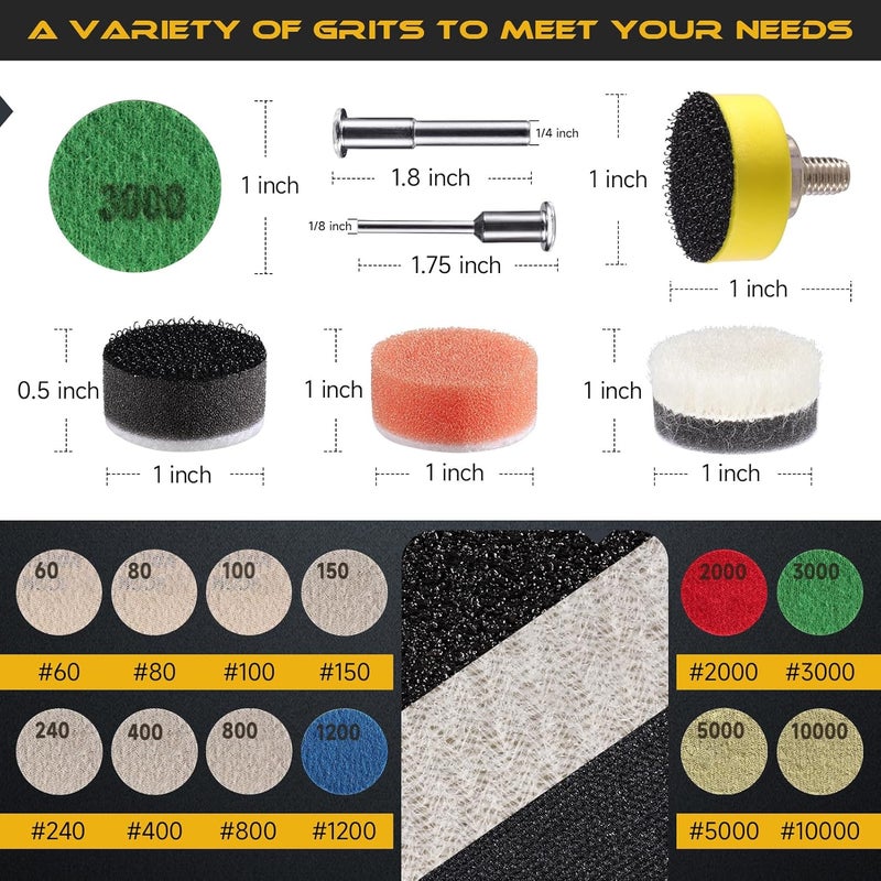GOH DODD 188 PCS 1 Inch Sanding Discs, Hook and Loop 60 to 10000 Grit Wet Dry Sandpaper Micro Sand Paper with 1/8" 1/4" Shank, Backing Pad, Polishing Pads, Foam Pads for Auto Metal Glass Resin Wood - Image 2