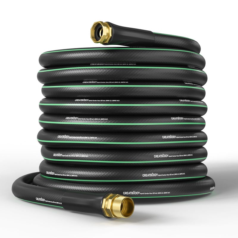 GreatBuddy 100 ft Garden Hose, 5/8" Water Hose 100ft Heavy Duty, Flexible, Lightweight Hybrid Hose, Burst 600 PSI with Solid Brass Male to Female Fittings Leakproof Hose for Backyard, Garden - Image 1