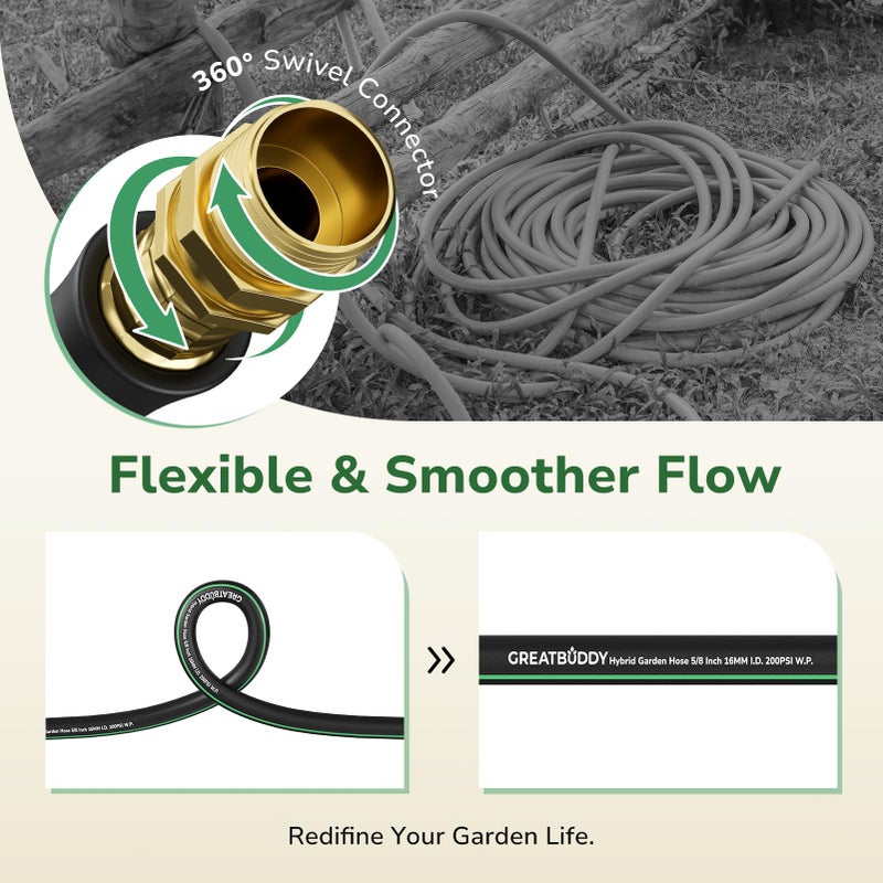GreatBuddy 100 ft Garden Hose, 5/8" Water Hose 100ft Heavy Duty, Flexible, Lightweight Hybrid Hose, Burst 600 PSI with Solid Brass Male to Female Fittings Leakproof Hose for Backyard, Garden - Image 5