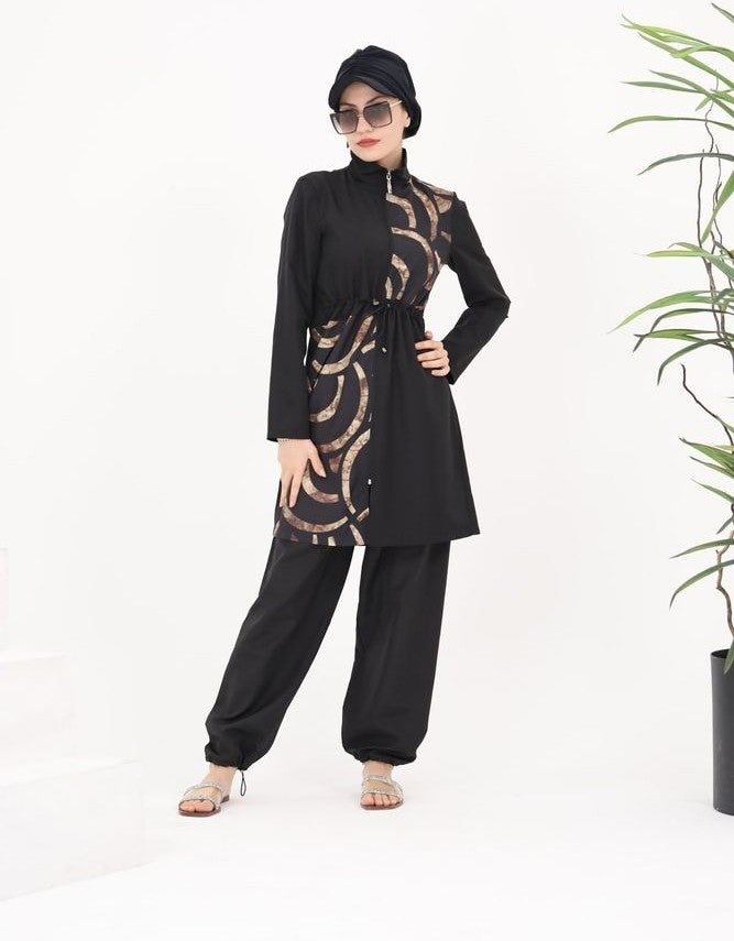 NS Tasarım NS Design Elena Ring Patterned Hijab Parachute Two Piece Swimsuit Set 363  - Image 1