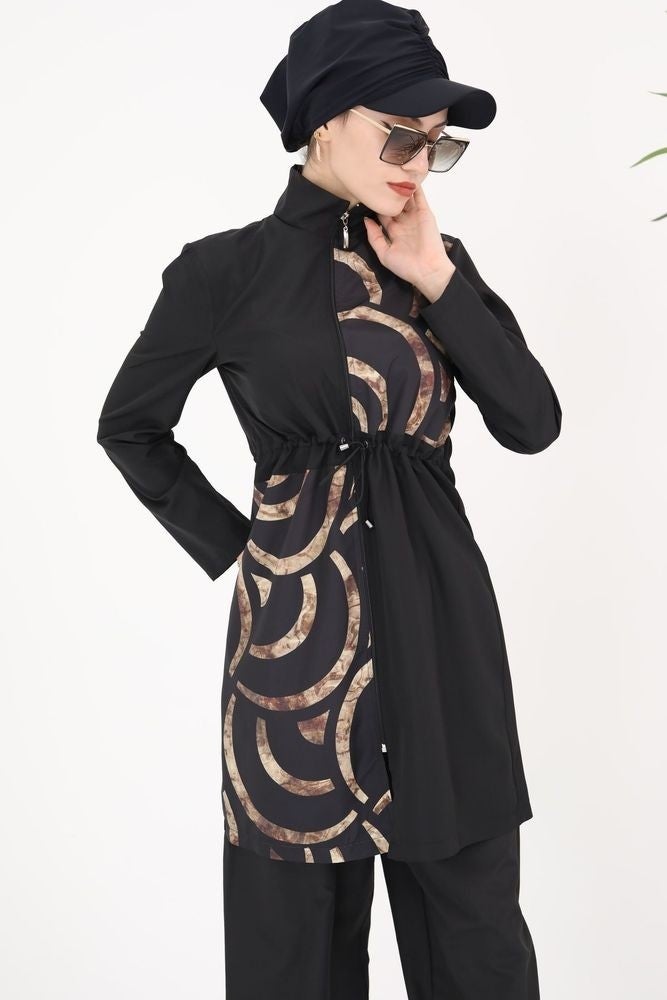 NS Tasarım NS Design Elena Ring Patterned Hijab Parachute Two Piece Swimsuit Set 363  - Image 3