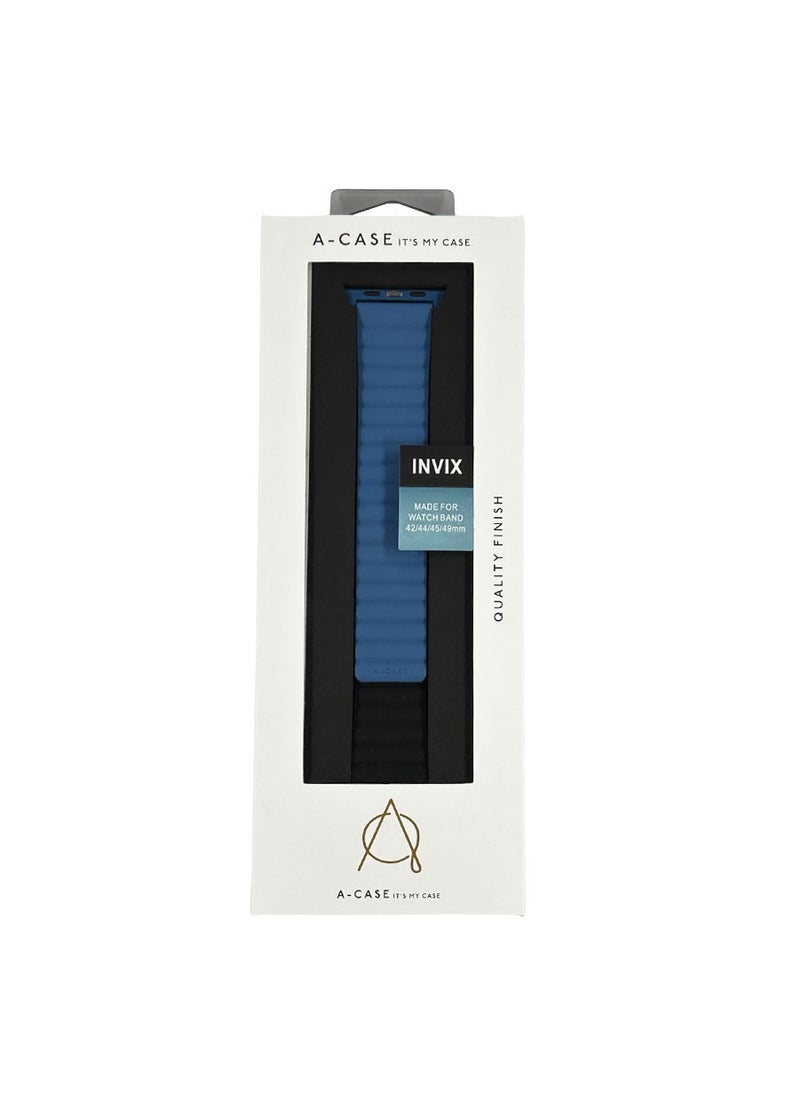 A-CASE - INVIX Reversible Magnetic Silicone Strap for Apple Watch 42/44/45/49MM - Ultra-Soft, Waterproof, Adjustable with Stainless Steel Connectors - Comfortable & Stylish - Blue/Black - Image 1