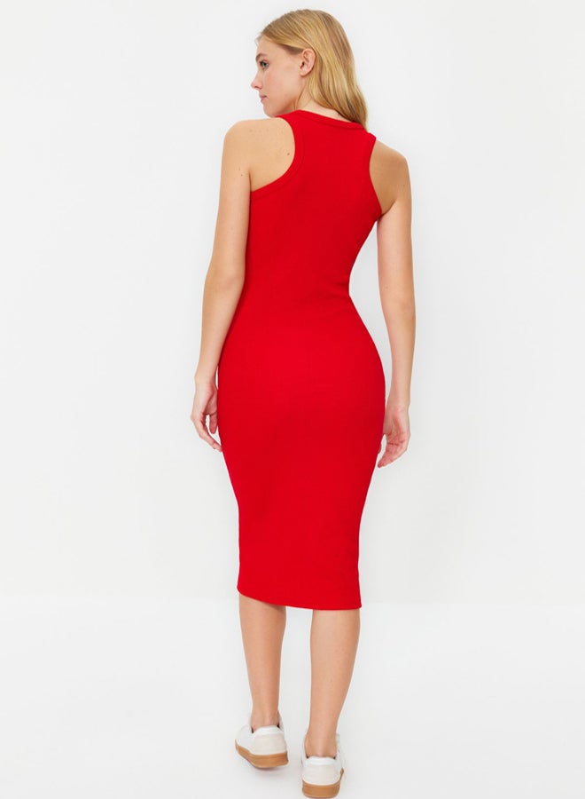 trendyol Red Ribbed Bodycone/Fitting Crew Neck Stretchy Midi Knitted Pencil Dress - Image 4
