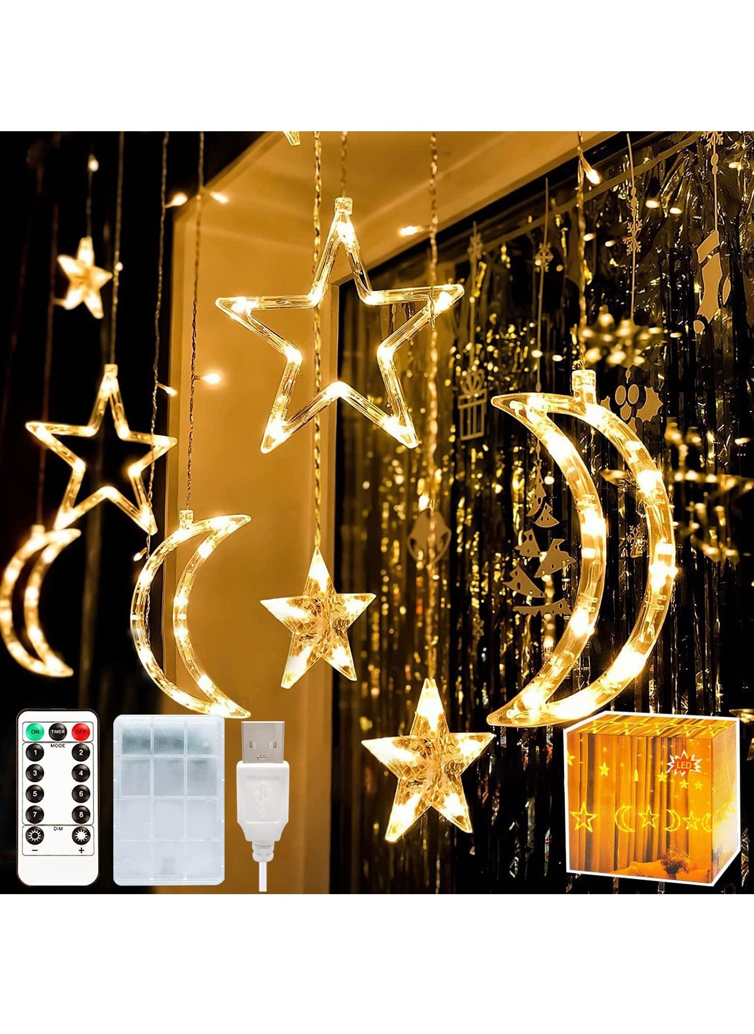 Yoawllty Ramadan Lights, Ramadan Decorations for Home, Star Moon Hanging Decorations with Remote Control & Battery Case(6 Small Stars, 3 Big Stars, 3 Moons Shape) 