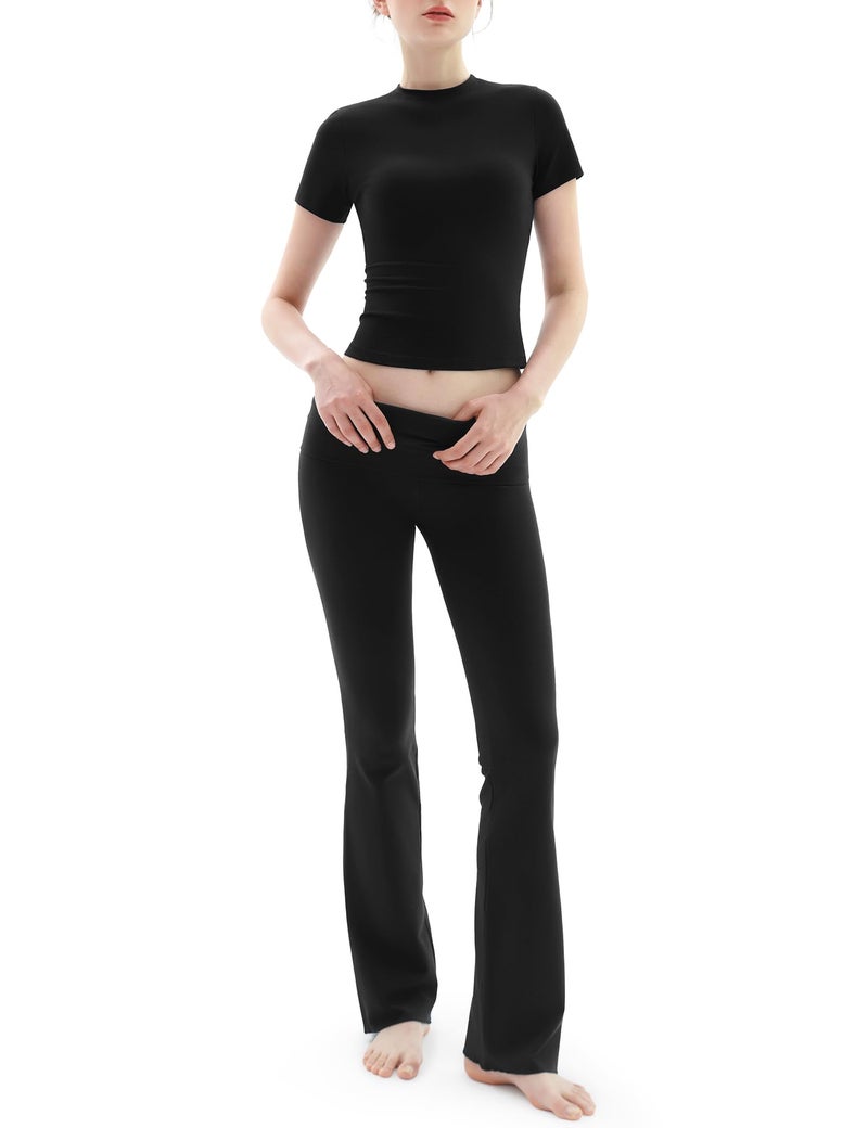 PUMIEY Two Piece Sets for women Lounge Sets Short Sleeve Tops Flare Leggings Set Going Out Casual Outfits Matching Sets Tracksuit, Jet Black Small - Image 1