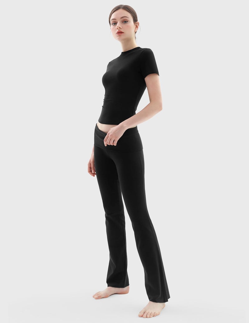 PUMIEY Two Piece Sets for women Lounge Sets Short Sleeve Tops Flare Leggings Set Going Out Casual Outfits Matching Sets Tracksuit, Jet Black Small - Image 3