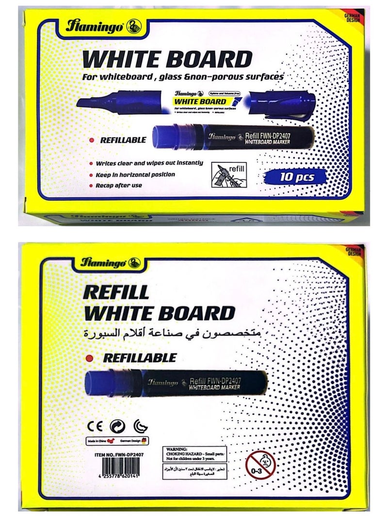 10 قطع من أقلام تحديد السبورة البيضاء مع 24 قطعة من علبة أنبوب قابلة لإعادة الملء، لون أزرق - Image 1