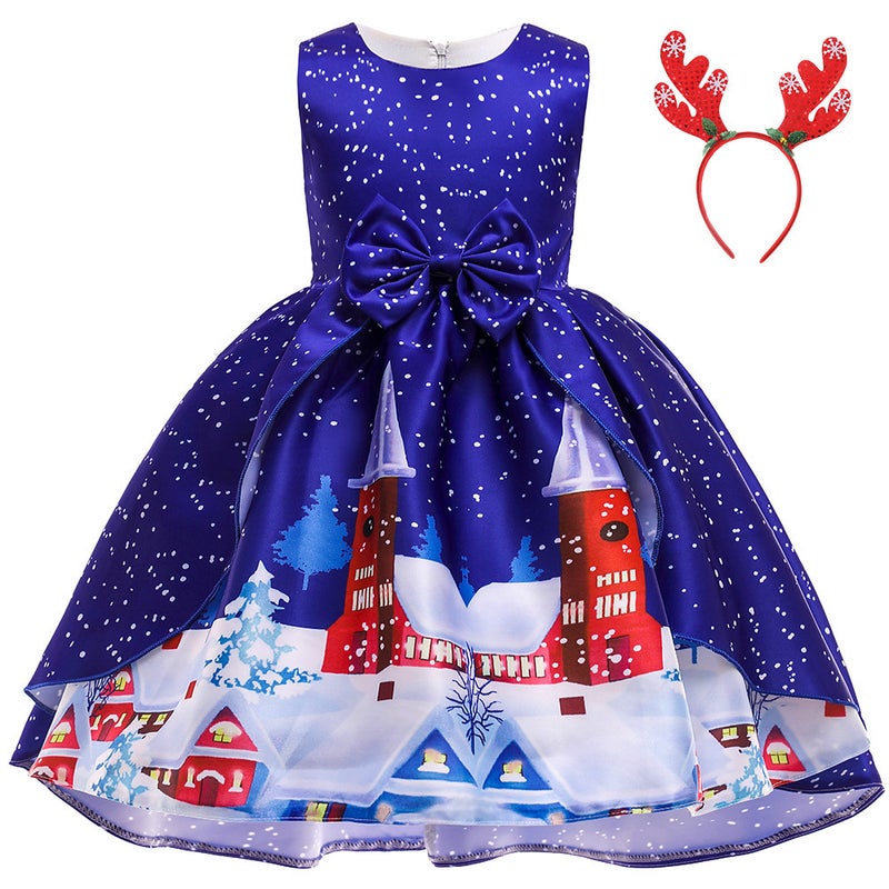 Girls Christmas Dress Christmas Dress Party Costume Childrens Cos Santa Claus Costume Princess Dress SD060-Blue (with headband)