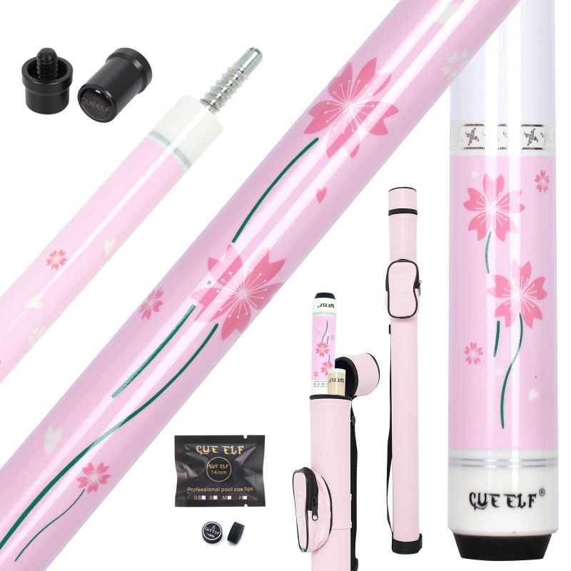 CUEELF Pink Pool Cue Stick 58inches Canadian Maple Billiard Cue Sticks Professional Pool Stick Gifts for Women and Ladies (Pink Flower, 20 oz) - Image 1