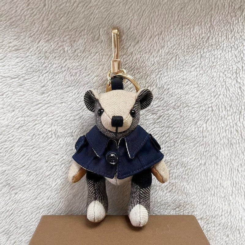 Handmade Cashmere Plaid Teddy Bear Keychain Blue Cloth Shawl Bear