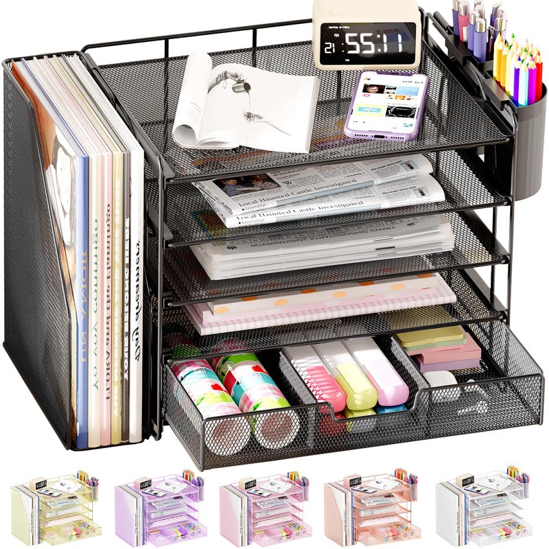 OPNICE Desk Organizer, 5-Tier Paper File Organizer with Drawer & Pen Holder, Office Desk Accessories, Workspace Desktop Organizer for Office Supplies(Black) - Image 1