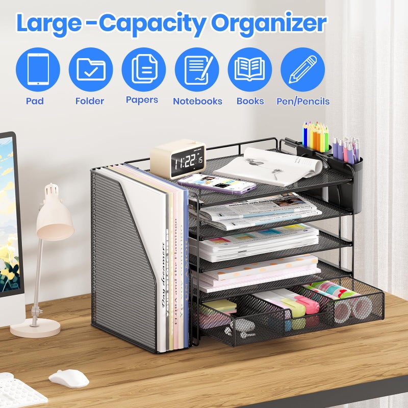 OPNICE Desk Organizer, 5-Tier Paper File Organizer with Drawer & Pen Holder, Office Desk Accessories, Workspace Desktop Organizer for Office Supplies(Black) - Image 4