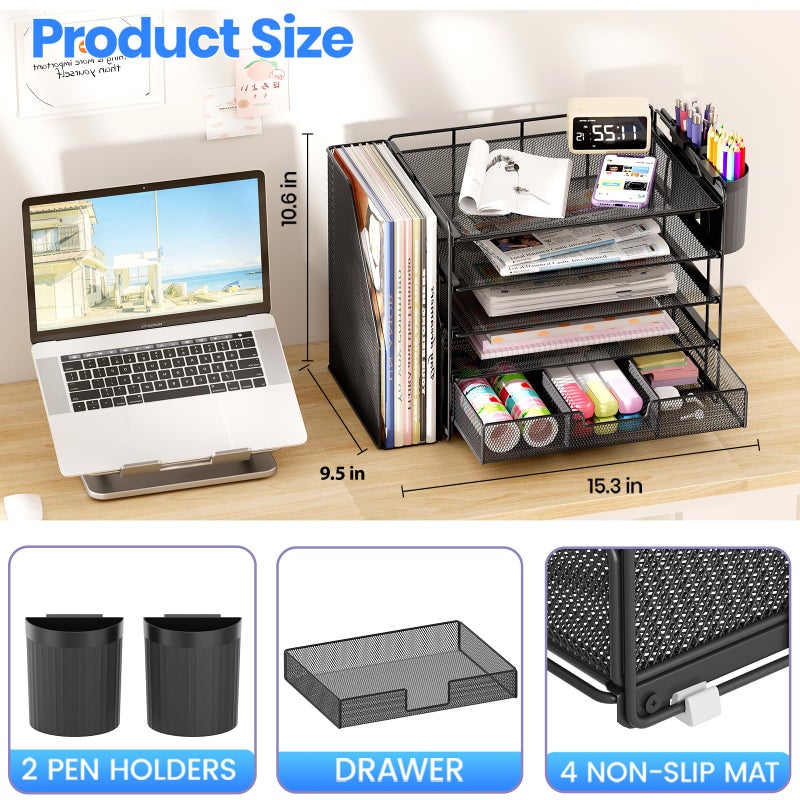OPNICE Desk Organizer, 5-Tier Paper File Organizer with Drawer & Pen Holder, Office Desk Accessories, Workspace Desktop Organizer for Office Supplies(Black) - Image 2