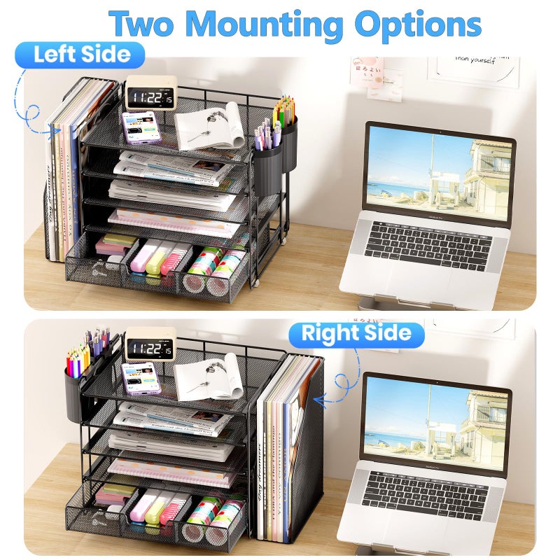 OPNICE Desk Organizer, 5-Tier Paper File Organizer with Drawer & Pen Holder, Office Desk Accessories, Workspace Desktop Organizer for Office Supplies(Black) - Image 3