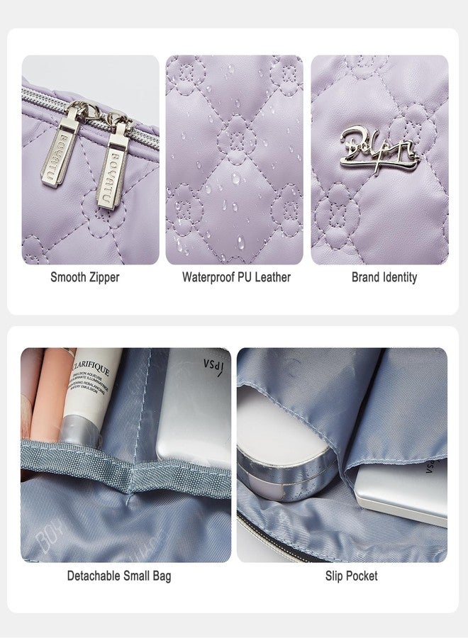 BOYATU Cute Quilted Makeup Bag Set: 2 Pcs Waterproof Vegan Leather Travel Cosmetic Bags for Women - Large Capacity Makeup Pouch Small Skincare Make Up Bags for Girls (03-Purple) - Image 5