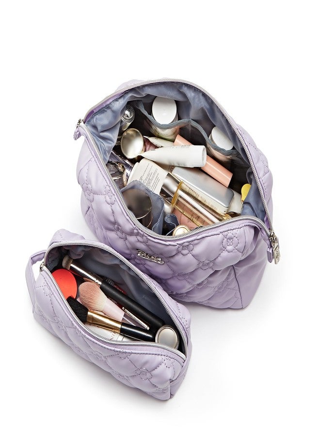 BOYATU Cute Quilted Makeup Bag Set: 2 Pcs Waterproof Vegan Leather Travel Cosmetic Bags for Women - Large Capacity Makeup Pouch Small Skincare Make Up Bags for Girls (03-Purple) - Image 4