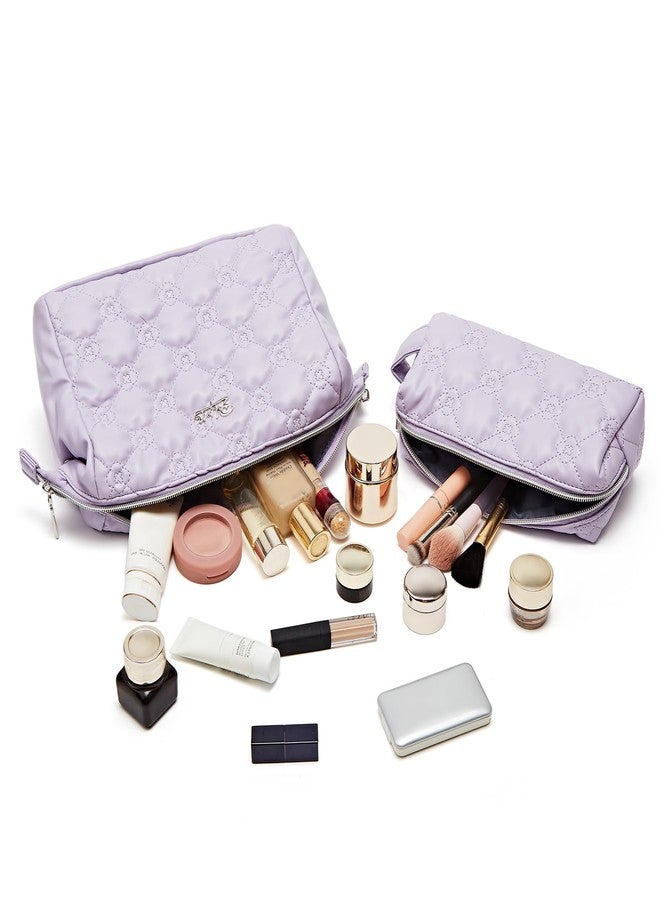 BOYATU Cute Quilted Makeup Bag Set: 2 Pcs Waterproof Vegan Leather Travel Cosmetic Bags for Women - Large Capacity Makeup Pouch Small Skincare Make Up Bags for Girls (03-Purple) - Image 3