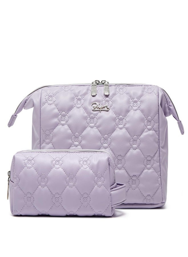 BOYATU Cute Quilted Makeup Bag Set: 2 Pcs Waterproof Vegan Leather Travel Cosmetic Bags for Women - Large Capacity Makeup Pouch Small Skincare Make Up Bags for Girls (03-Purple) - Image 1