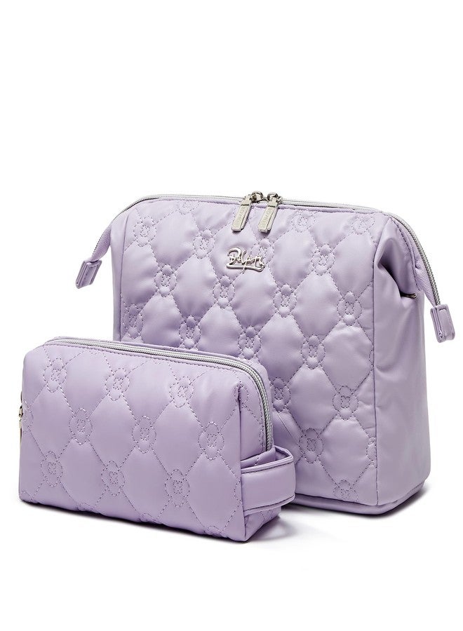 BOYATU Cute Quilted Makeup Bag Set: 2 Pcs Waterproof Vegan Leather Travel Cosmetic Bags for Women - Large Capacity Makeup Pouch Small Skincare Make Up Bags for Girls (03-Purple) - Image 2