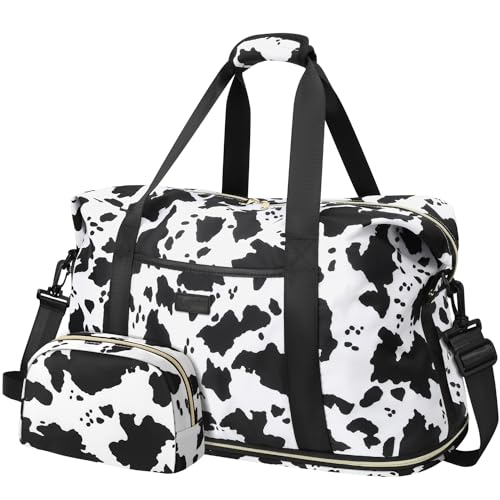 Capolo Expandable Travel Duffle Bag, Waterproof Weekender Overnight Bags for Women Men Hospital Bag for Women Labor Delivery Carry on Bag with Toiletry Bag for Travel Gym Airplanes(Cow Print, Large) - Image 1