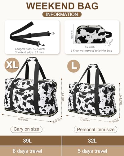 Capolo Expandable Travel Duffle Bag, Waterproof Weekender Overnight Bags for Women Men Hospital Bag for Women Labor Delivery Carry on Bag with Toiletry Bag for Travel Gym Airplanes(Cow Print, Large) - Image 2