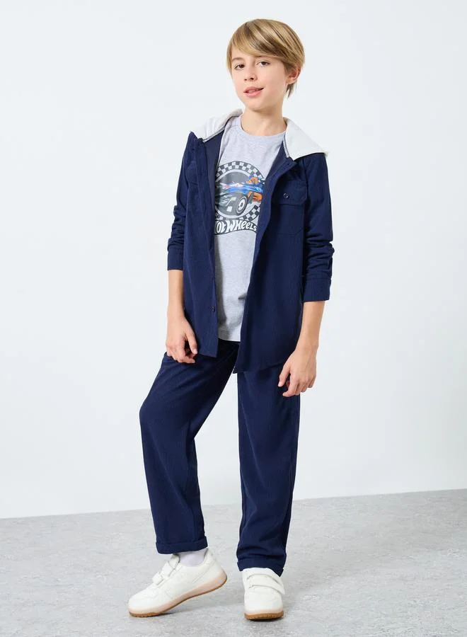 Styli Styli Teens Navy Blue Corduroy Hooded Shacket