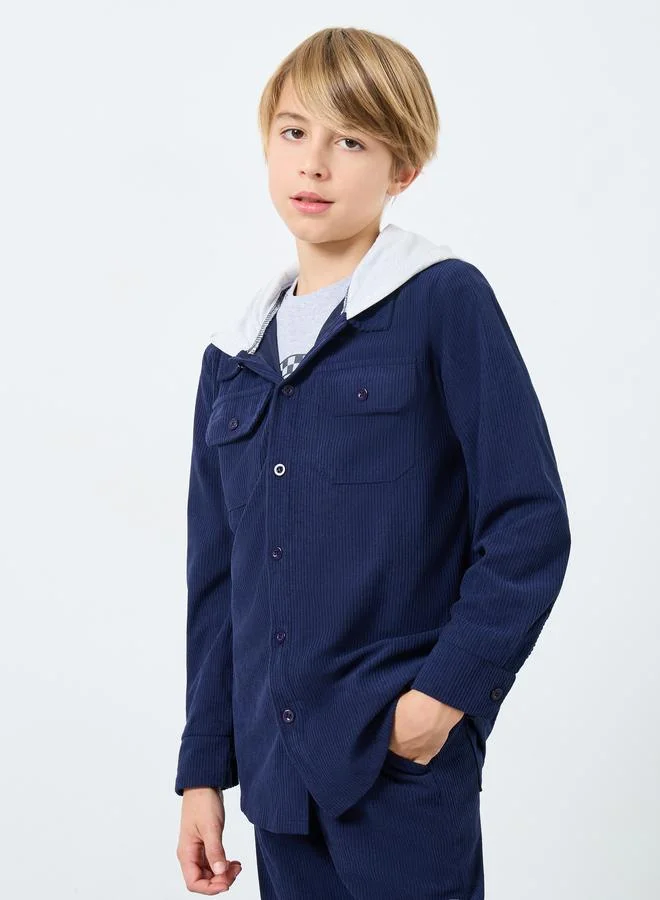 Styli Styli Teens Navy Blue Corduroy Hooded Shacket