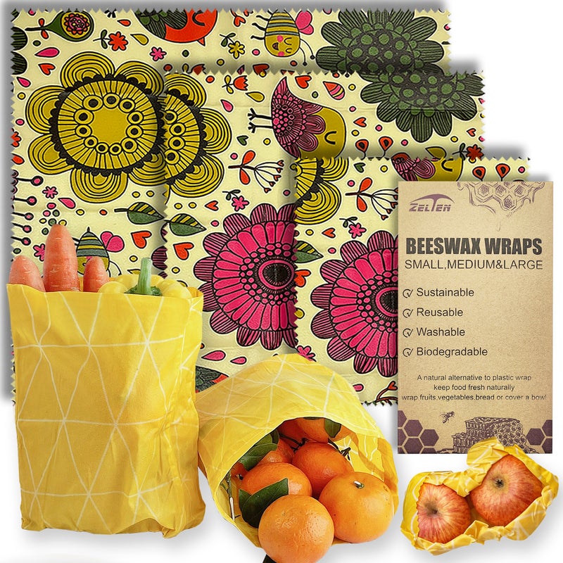 Zelten Beeswax Reusable Food Wraps - (3 Packs, 3 Sizes S,M,L) Plastic and Silicone Free, Eco-friendly Wrap, Wax Paper for Food,Flower Bee & Bird - Image 1