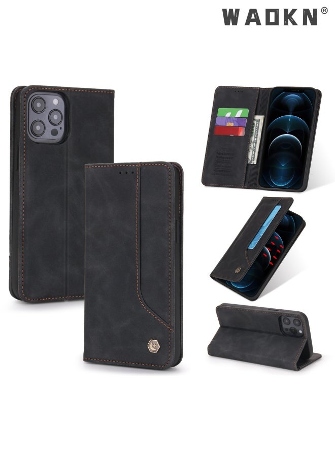 WAOKN Iphone 15 Pro Case with Card Slots Holder Magnetic Clasp Shockproof Flip Folio Book Protective Cover Women Men for iphone 15 Pro Phone Case Black  - Image 1