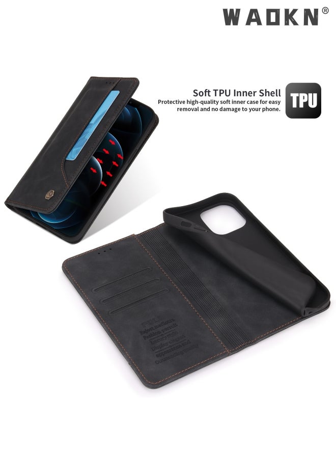 WAOKN Iphone 15 Pro Case with Card Slots Holder Magnetic Clasp Shockproof Flip Folio Book Protective Cover Women Men for iphone 15 Pro Phone Case Black  - Image 3