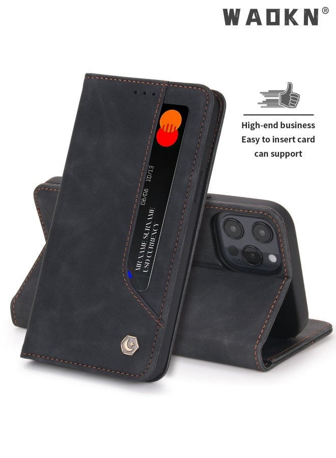 WAOKN Iphone 15 Pro Case with Card Slots Holder Magnetic Clasp Shockproof Flip Folio Book Protective Cover Women Men for iphone 15 Pro Phone Case Black  - Image 5