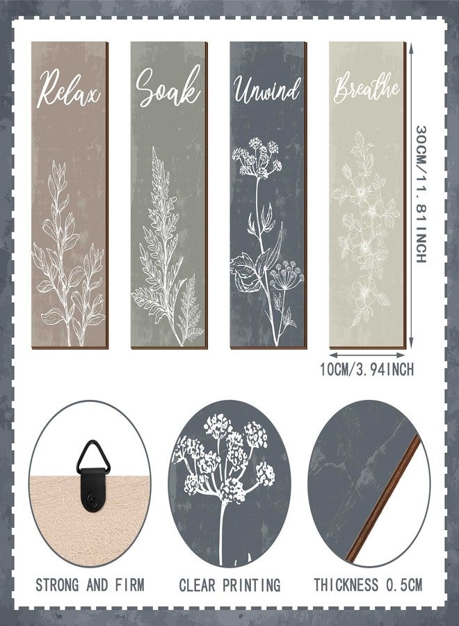 Ripeng 4 Pcs Boho Botanical Bathroom Wall Decor Rustic Bathroom Wall Art Minimalist Relax Soak Unwind Breathe Sign Decors Farmhouse Bathroom Wall Wooden Sign for Home Restroom Decorations 11.8 x 4 in - Image 4