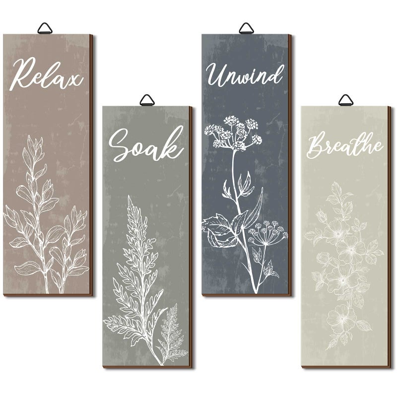 Ripeng 4 Pcs Boho Botanical Bathroom Wall Decor Rustic Bathroom Wall Art Minimalist Relax Soak Unwind Breathe Sign Decors Farmhouse Bathroom Wall Wooden Sign for Home Restroom Decorations 11.8 x 4 in - Image 1