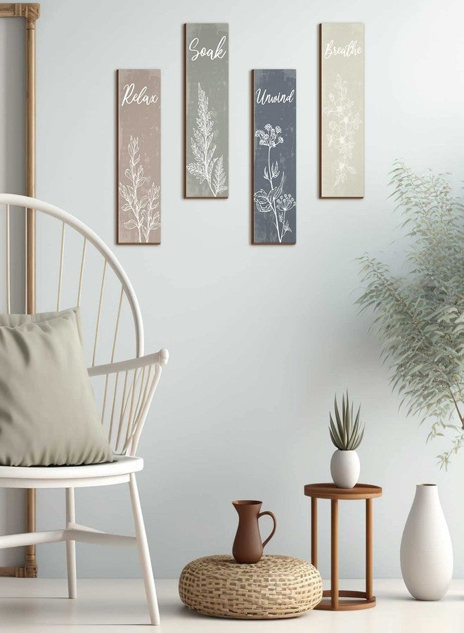 Ripeng 4 Pcs Boho Botanical Bathroom Wall Decor Rustic Bathroom Wall Art Minimalist Relax Soak Unwind Breathe Sign Decors Farmhouse Bathroom Wall Wooden Sign for Home Restroom Decorations 11.8 x 4 in - Image 2