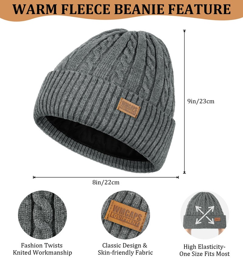 Wmcaps Warm Winter Fleece Lined Beanie, Trendy Knitted Cable Twist Hat, Unisex Snow Thermal Stocking Caps(Grey) - Image 2