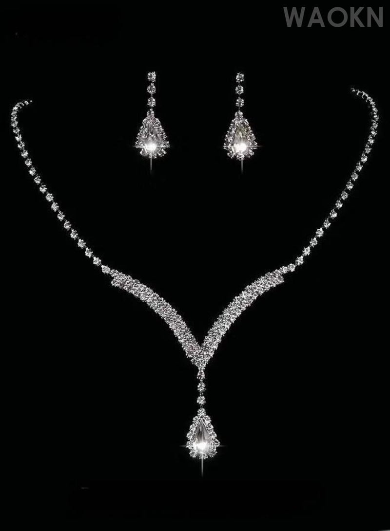WAOKN 3 Pcs Zircon Necklace Earrings Set ,Ear Drop Dangle Diamond Bridal Dress Accessories ,Elegant and Noble Jewelry Gift , Suitable for travel souvenirs, birthday gifts , Fashionable and trendy, classic and versatile , silvery . - Image 1