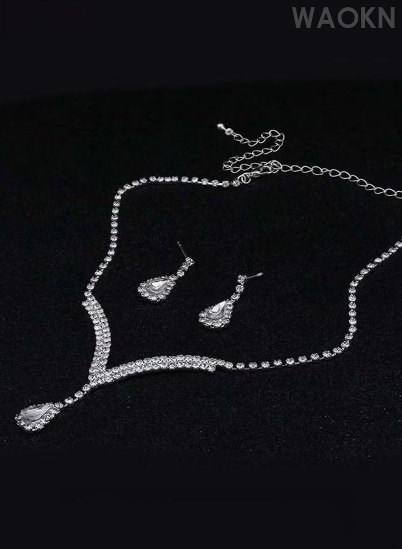 WAOKN 3 Pcs Zircon Necklace Earrings Set ,Ear Drop Dangle Diamond Bridal Dress Accessories ,Elegant and Noble Jewelry Gift , Suitable for travel souvenirs, birthday gifts , Fashionable and trendy, classic and versatile , silvery . - Image 3