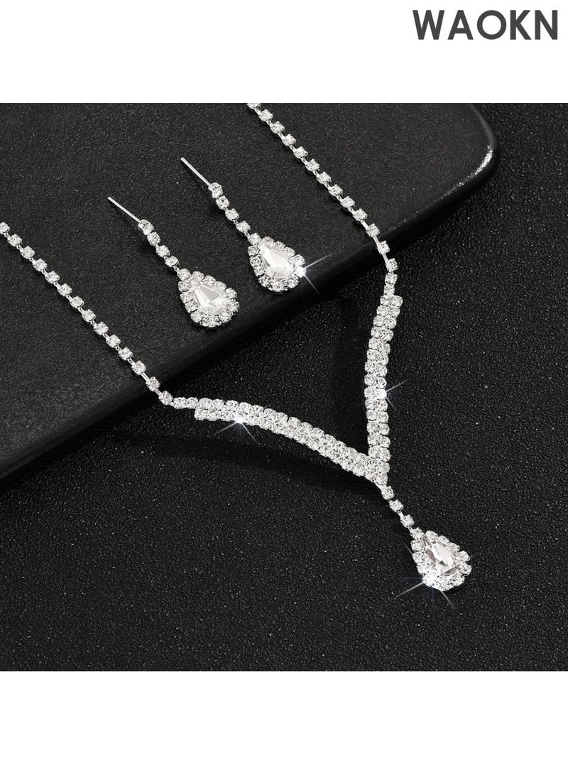 WAOKN 3 Pcs Zircon Necklace Earrings Set ,Ear Drop Dangle Diamond Bridal Dress Accessories ,Elegant and Noble Jewelry Gift , Suitable for travel souvenirs, birthday gifts , Fashionable and trendy, classic and versatile , silvery . - Image 2