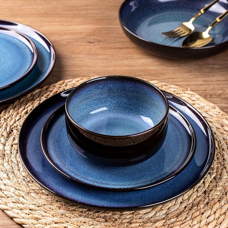 LERATIO طقم أدوات المائدة الخزفية LERATIO لـ 412 قطعة من الأطباق والأوعية الخزفية مقاومة للخدش آمنة في غسالة الصحون والميكروويف وآمنة في الفرن خدمة لـ 4 أشخاص باللون الأزرق - Image 3