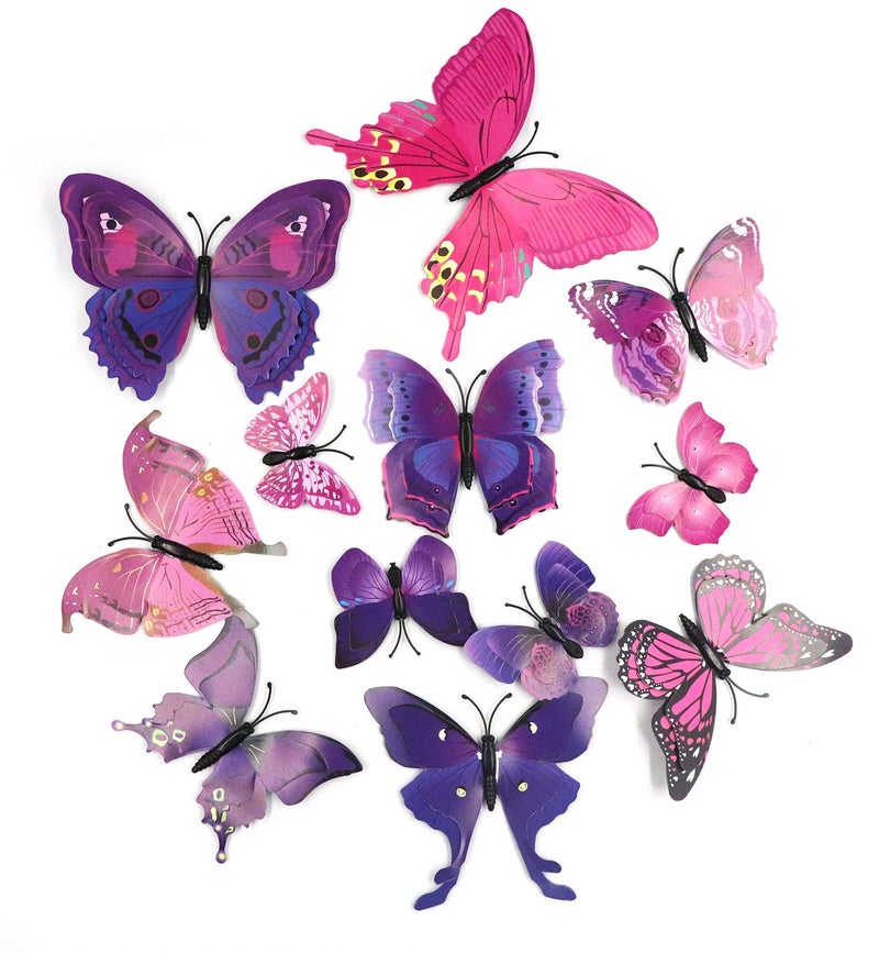 Ruwado 12 Pcs Purple Butterflies Double Wings Refrigerator Magnets Wall Decal Removable Sticker Decoration for Home Kitchen Kids Room Bedroom Office Theme Parties Classroom Window Dcor Purple