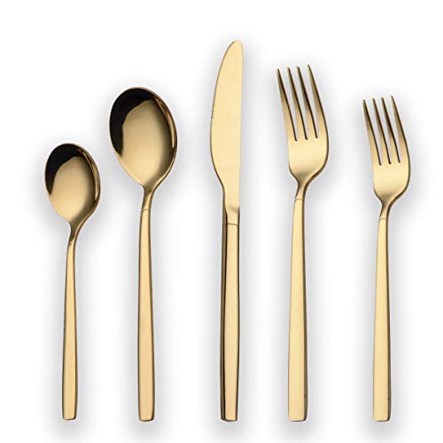 Berglander 20 Piece Titanium Gold Plated Stainless Steel Flatware Set, 20 Pieces Golden Silverware Set, Golden Cutlery Set, Service for 4 (shiny Gold) - Image 1