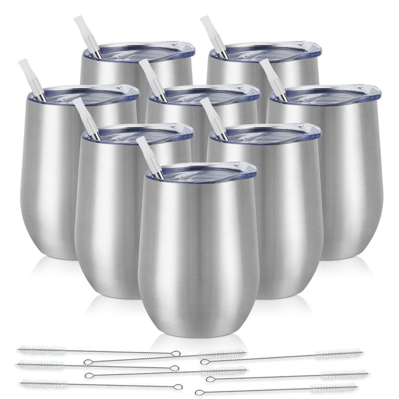 8 Pack 12Oz Stainless Steel Wine Tumblers Insulated Wine Tumbler Double Wall Insulated Wine Glass Stainless Steel Stemless Wine Cups with Lids for Coffee Wine Cocktails Champaign Silver