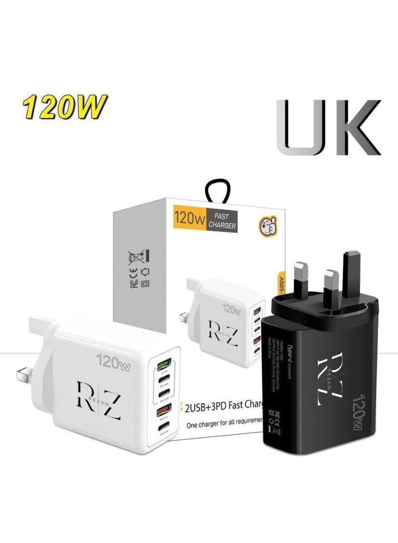 RZ 120W PD  Type C Fast Charger Adapter, 5-Port USB A & USB C Fast Charging Adapter Compatible with Samsung Galaxy S23/S22, Iphone 15/14/13 Pro Max, OnePlus, MacBook, Ipad, Laptop Charger (White - Image 4