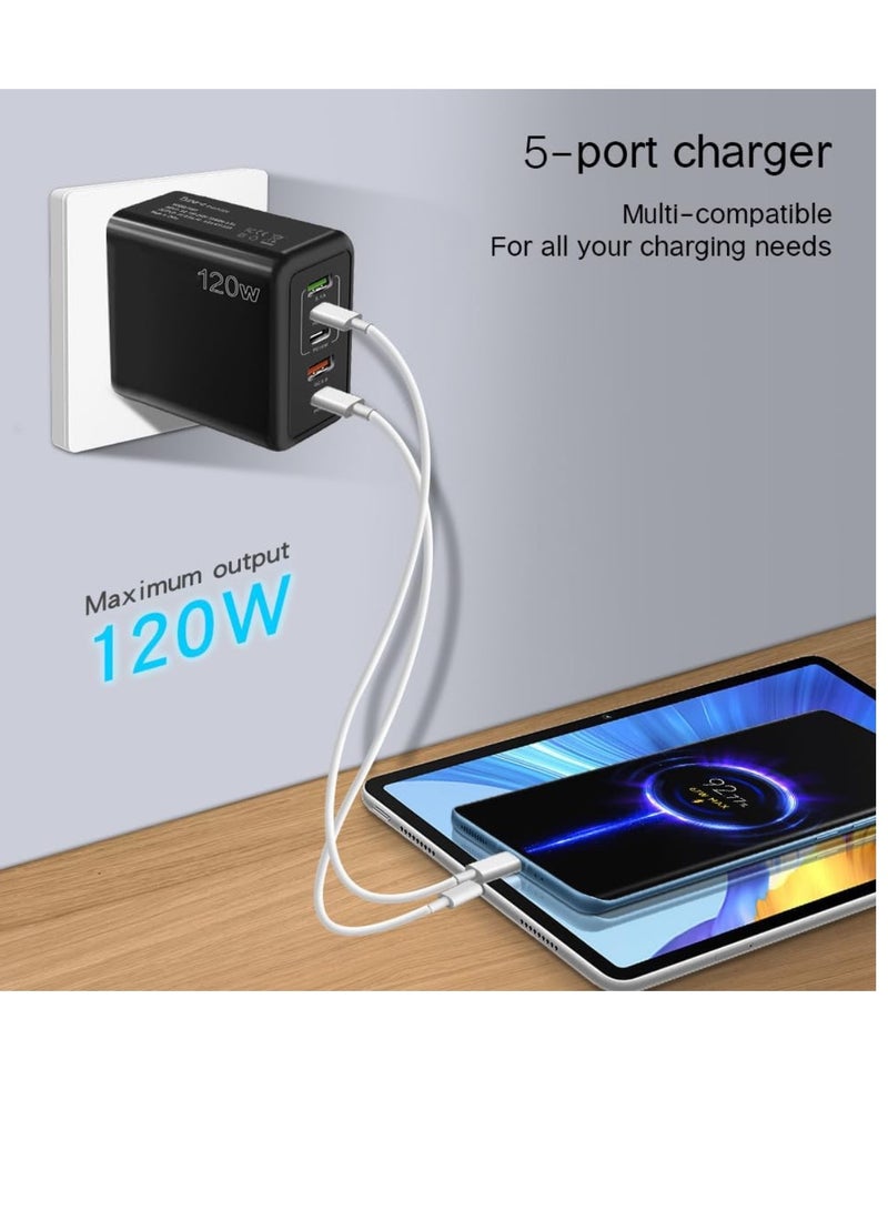 RZ 120W PD  Type C Fast Charger Adapter, 5-Port USB A & USB C Fast Charging Adapter Compatible with Samsung Galaxy S23/S22, Iphone 15/14/13 Pro Max, OnePlus, MacBook, Ipad, Laptop Charger (White - Image 1