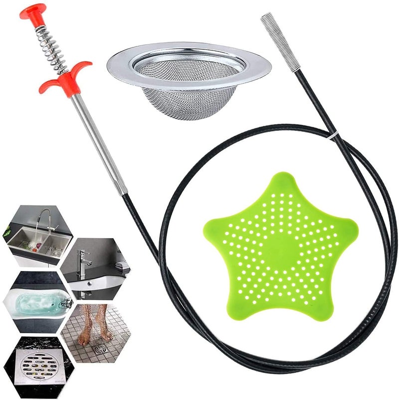 QUALIZA Drain Cleaner Stick for Sink Clogged Pipe Cleaning Spring Wire Stainless Steel Strainer Drain Basin Basket Filter Stopper Drainer Sink Jali Star Bathroom Silicone Hair Catcher Bath Sink  - Image 1
