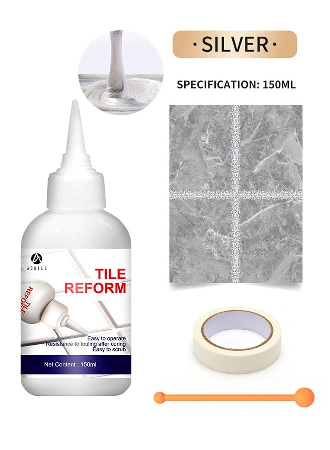 ASHILE 150ML Tiles Gap Filler Waterproof - Tile Grout Paint Filler Tube Grout Caulk Sealant Glue Sealer For Bathroom Shower Kitchen Ceramic Tile Repair Restore And Renew Tile Joints Line Gaps Replace Grout Pen - Argent/Masking Paper/Stitch Balls - Image 1
