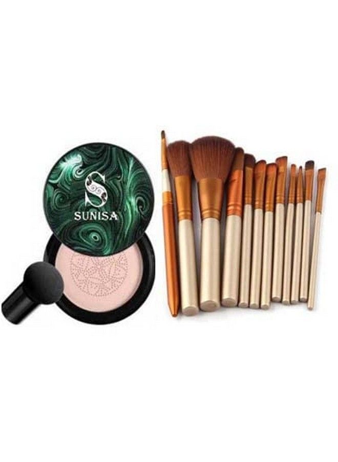 SUNISA 1 Bb Cc Cream Foundation With 1 Mushroom Head Air Cushion 20G And 12 Pcs Brown Makeup Brushes Set (Pack Of 14) - Image 1