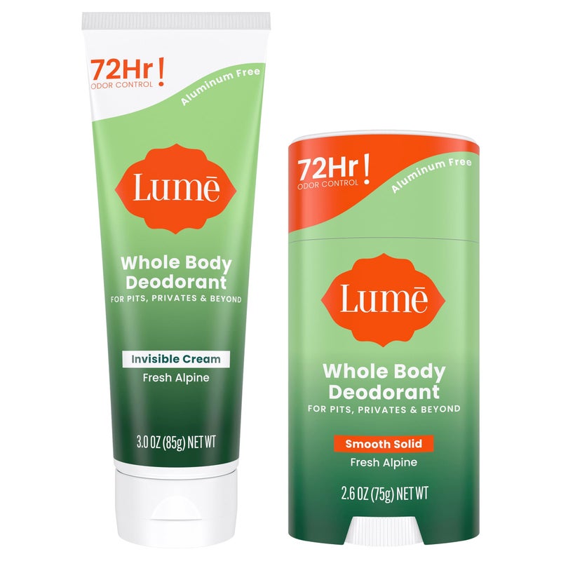 Lume Whole Body Deodorant  Invisible Cream Tube and Solid Stick  72 Hour Odor Control  Aluminum Free Baking Soda Free Skin Loving  30 Ounce Tube and 26 Ounce Solid Stick Bundle Fresh Alpine